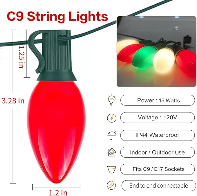 25Ft C9 LED Christmas Lights Outdoor Indoor, Multicolor Red Green White Vintage String Lights, Connectable Holiday Decor for Xmas Tree Wedding Party Patio Porch Yard
