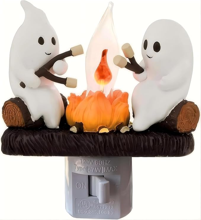 Ghost Campfire Nightlight,Halloween Campfire Flickering Night Light,3D Spooky Fire Marshmallow Night Light for Halloween Decor (Cute Ghost)