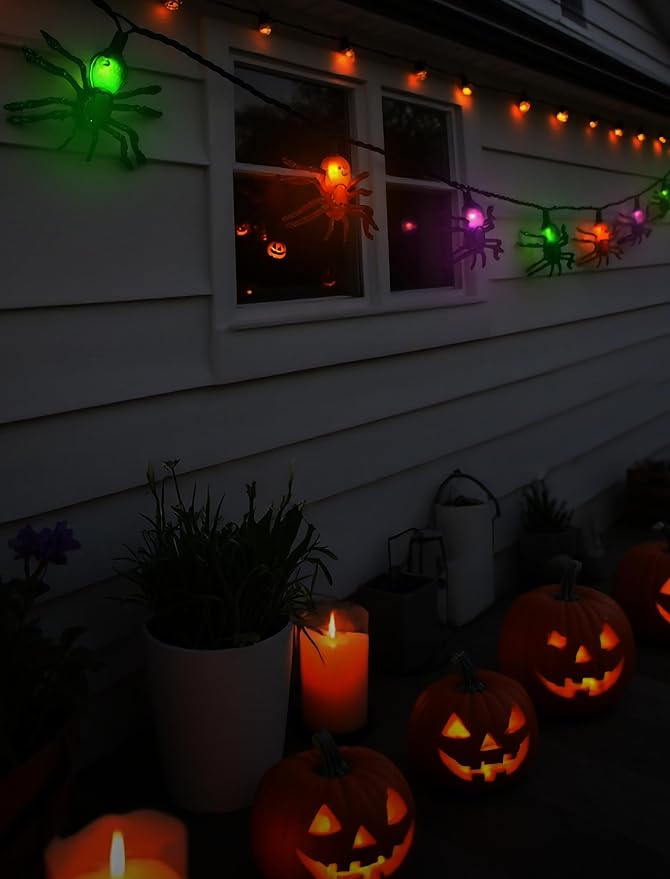 8.5Ft Halloween Spider String Lights Outdoor, Spider Hanging Light with 10 LED Spiders, Halloween Theme Fairy Lights for House Decoration Yard Patio Window Porch Indoor Party Decor