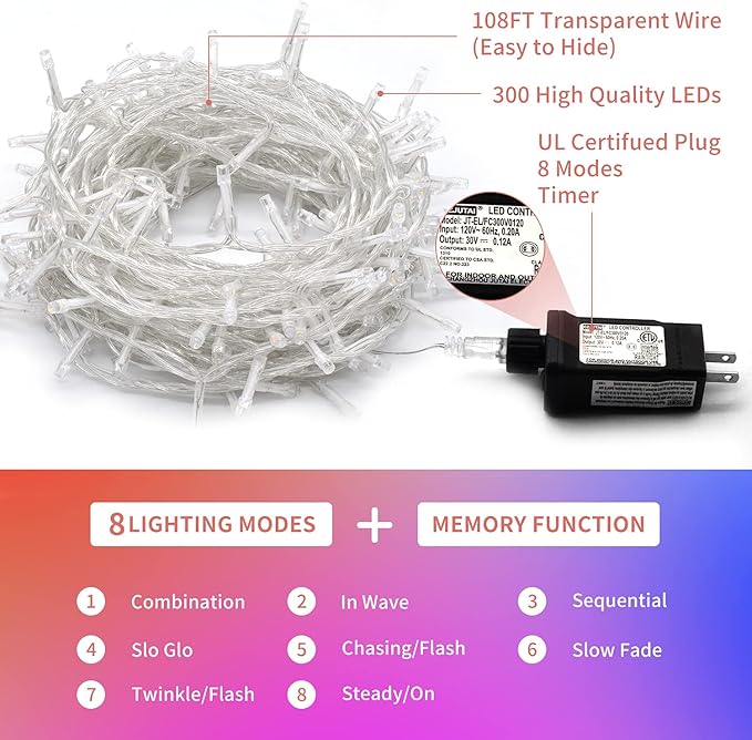 JMEXSUSS 300 LED Multicolor Christmas Tree Lights 8 Modes Colored String Lights Indoor Outdoor Multicolor Christmas Decor Lights Plug in for Christmas Tree Room Party Decoration