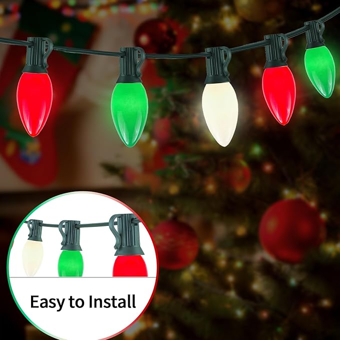 25Ft C9 LED Christmas Lights Outdoor Indoor, Multicolor Red Green White Vintage String Lights, Connectable Holiday Decor for Xmas Tree Wedding Party Patio Porch Yard