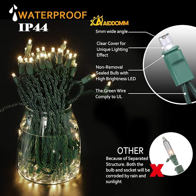 100 Counts Warm White LED Christmas Lights – 50ft 5mm White Christmas Lights Outdoor Commercial Grade Waterproof, Indoor Christmas Tree Decorations, Green Wire Mini String Lights, UL, IP:65