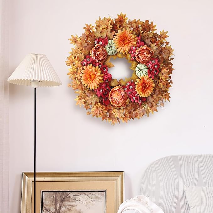 26" Fall Wreath for Front Door - Large Artificial Maple Leaves Fake Silk Peony Faux Pumpkin Outdoor Wreath for Porch, Window,Farmhouse,Home,Thanksgiving Day Harvest Festival Autumn Decor