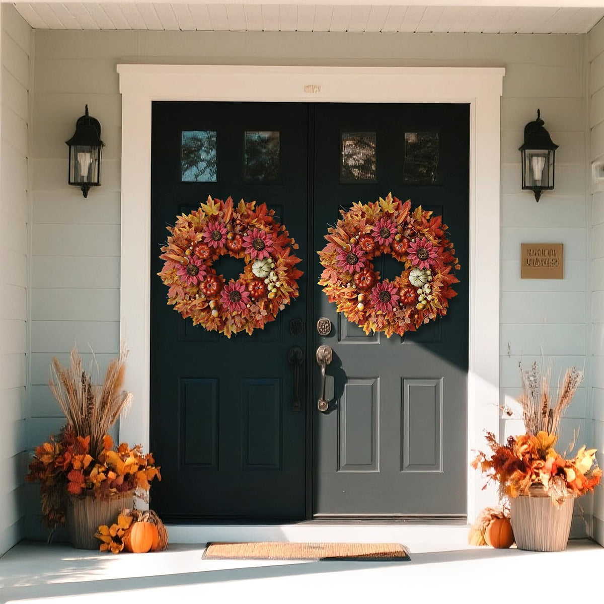 28'' Large Fall Wreath for Front Door, Porch, Window- Artificial Maple Leaves Fake Pumpkins Faux Acorns Sunflower Outdoor Autumn Wreath for Home, Farmhouse Wall Thanksgiving Day Harvest Festival Decor