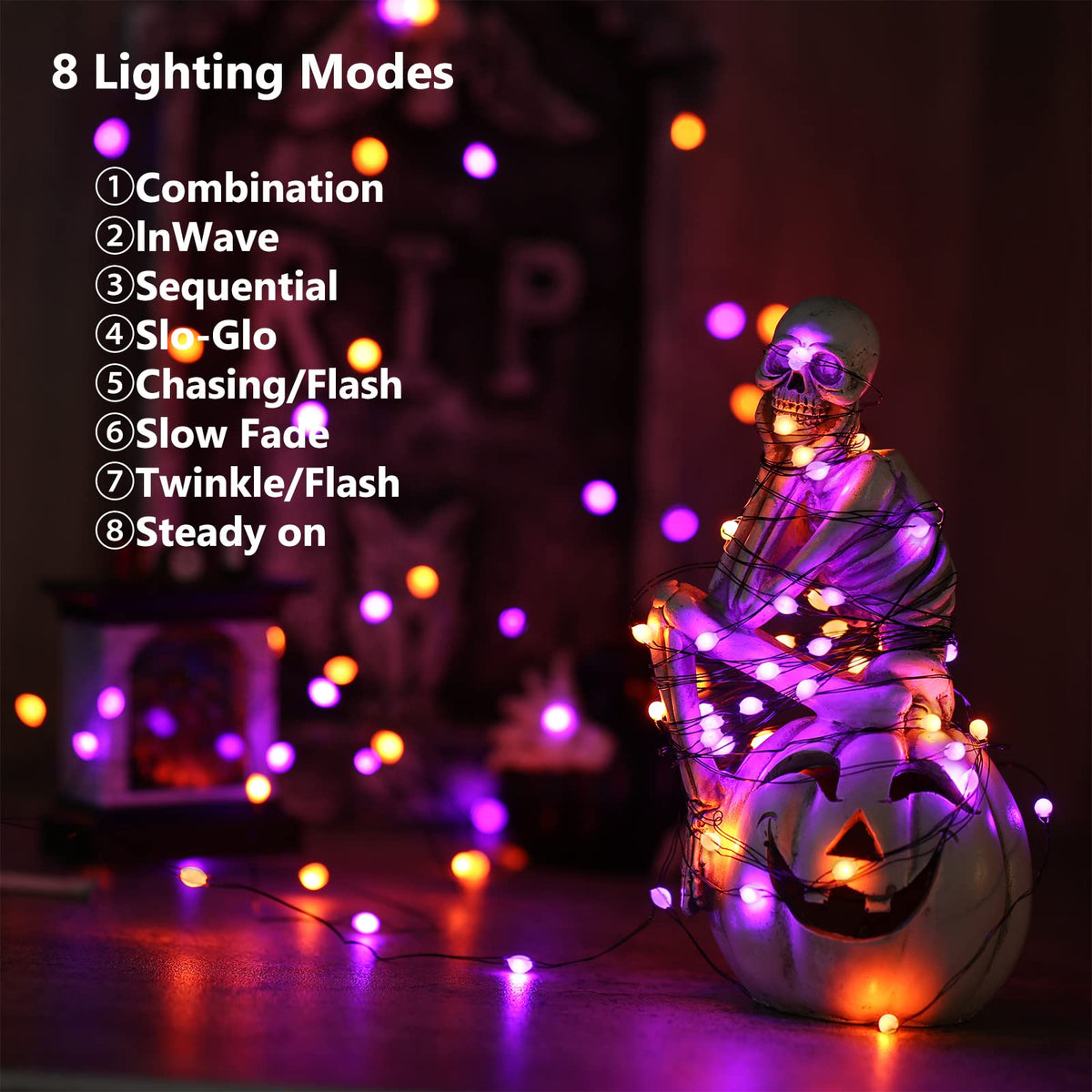 iBaycon 2 Pack 50 LED Battery Halloween Lights, 16.4ft Battery Operated Halloween Lights, Orange Purple Waterproof Twinkle Fairy Lights with 8 Modes & Timer for Indoor Outdoor Halloween Decorations