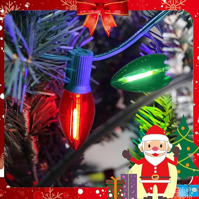 25Ft C9 LED Christmas Lights Outdoor Indoor, Clear Red Green Vintage String Lights, Connectable Dimmable Holiday Decor for Xmas Tree Roofline Patio Backyard Cafe, 25 Bulbs