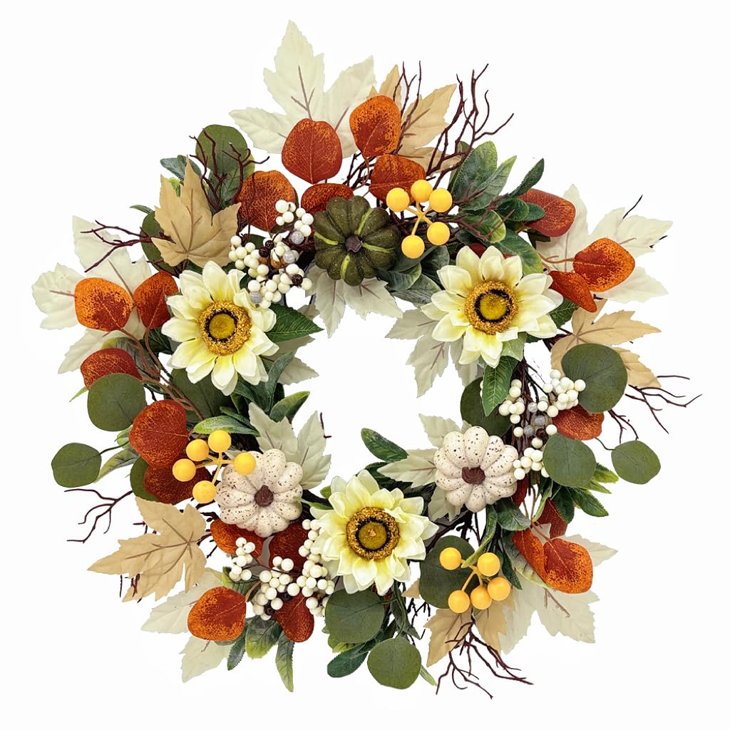 20 Inch Fall Sunflower Wreath for Front Door, Artificial Autumn Wreath with Pumpkins, Berries, White Sunflowers and Silk Leaves for Thanksgiving Farmhouse Home Window Wall Office Indoor Outdoor Decor