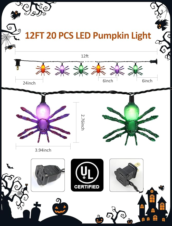 Sparkling Halloween String Lights, 12ft 20 LED Glitter Spiders, UL Certified Plug in Indoor Halloween Decor for Home, Mantle, Window & Party