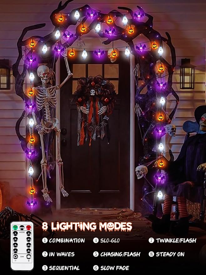 Halloween String Lights, 3D Pumpkin Bat Ghost Fairy Lights Battery Operated with Remote, 30LED Twinkle Light Waterproof 8 Modes & Timer for Halloween Parties Decorations Indoor Outdoor Windows Decor
