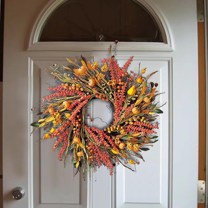 WANNA-CUL 24 inch Fall Wreath Decor for Front Door with Pumpkins, Hawthorn,Grain,Lantern Fruit,Berries,Eucalyptus Leaves, Large Harvest Door Wreath for Autumn or Thanksgiving Decoration