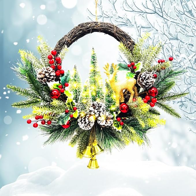 21" Pre-Lit Christmas Wreath for Front Door,Christmas Wreath Decorations with Golden Christmas Reindeer Jingle Bells Pine Cones,Christmas Door Wreath for Home Wall Window Indoor Outdoor Decor