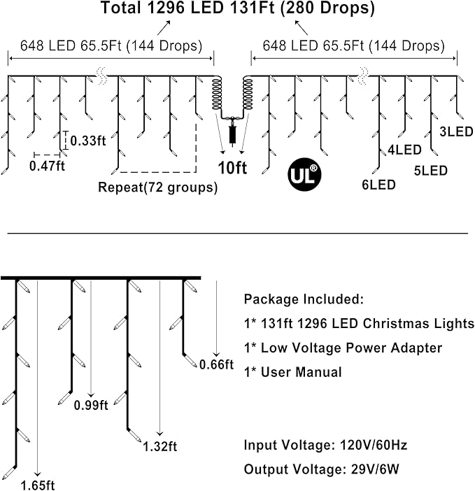 1296 LED 131FT Christmas Lights 288 Drops, Outdoor Hanging lights with 8 Modes & Timer, Plug in Curtain String Light Outdoor Waterproof for House Tree Holiday Wedding Party Outside Decor (Cool White)