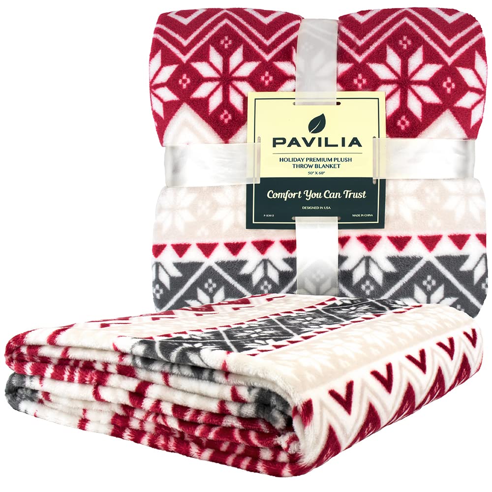 PAVILIA Christmas Throw Blanket | Holiday Christmas Red Fleece Blanket | Soft, Plush, Warm Winter Cabin Throw, 50x60 (Red Snowflakes)