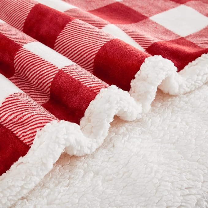 Touchat Sherpa Red and White Buffalo Plaid Christmas Twin Blanket 60" X 70", Fuzzy Fluffy Soft Cozy Blankets, Fleece Flannel Plush Microfiber Throw for Couch Bed Sofa (Red and White)