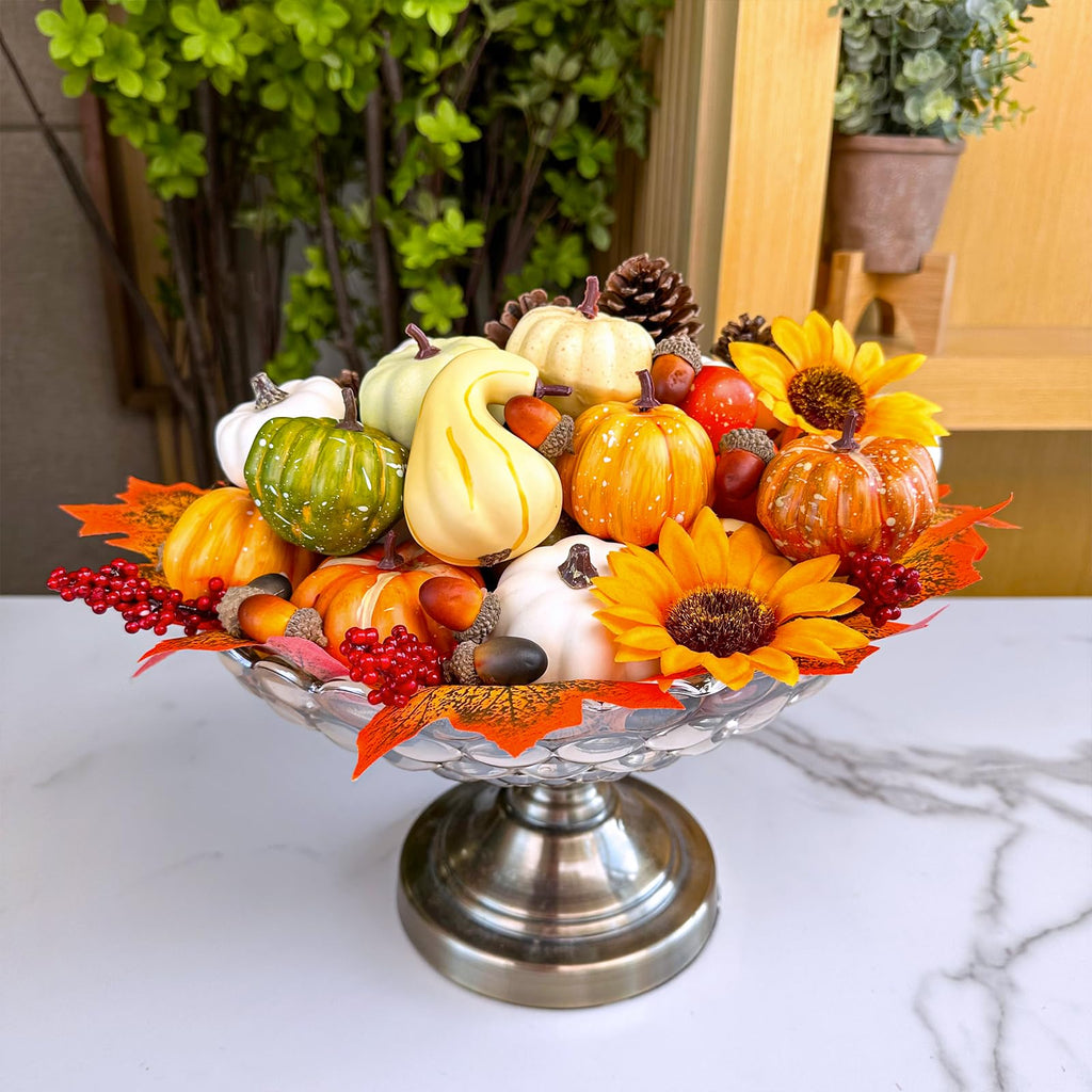 Winlyn 60 Pcs Assorted Small Artificial Pumpkins and Gourds with Acorns Pinecones Maple Leaves Sunflowers Fall Harvest Decoration Set for Thanksgiving Halloween Bowl Filler Table Centerpiece Wreaths