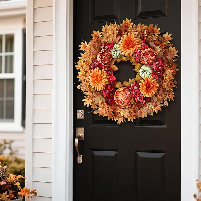 26" Fall Wreath for Front Door - Large Artificial Maple Leaves Fake Silk Peony Faux Pumpkin Outdoor Wreath for Porch, Window,Farmhouse,Home,Thanksgiving Day Harvest Festival Autumn Decor