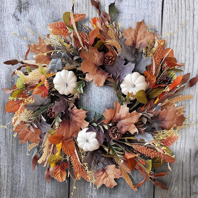WANNA-CUL 24 Inch Fall Wreath for Front Door with White Pumpkins,Grains, Maple Leaves-Fall Decoration for Home-Large Fall Decor Door Wreath for Autumn,Harvest or Halloween