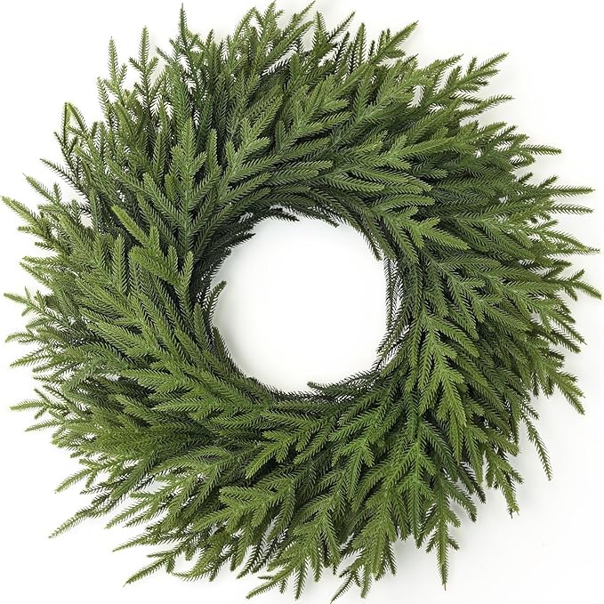26" Norfolk Pine Wreath for Front Door, Artificial Christmas Wreaths Faux Green Fake Pine Needles Wreath for Front Door Wall Windows Indoor Outdoor Christmas Decor