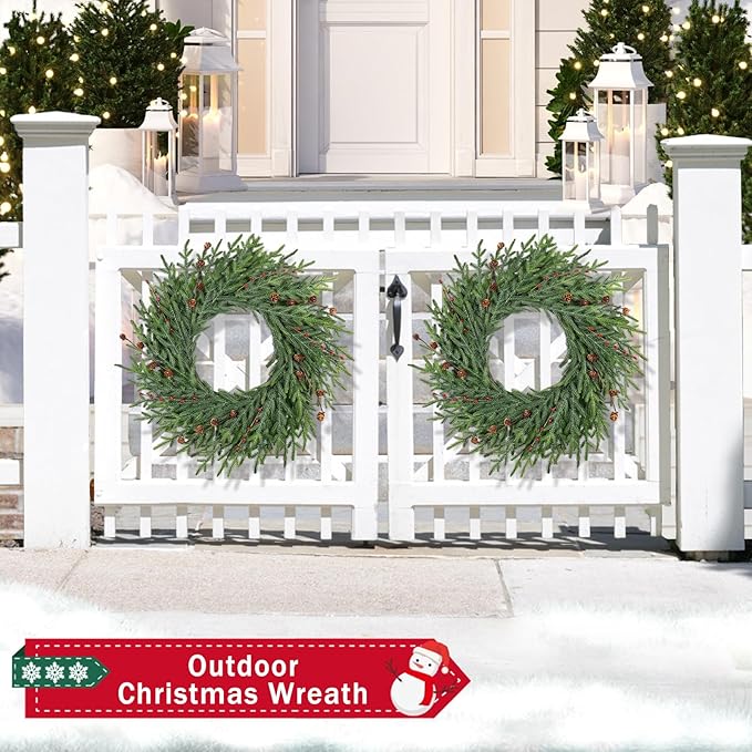 26 Inch Christmas Wreaths for Front Door with Red Berry Real Touch Large Artificial Xmas Winter Pine Cedar Wreaths for Windows Outdoor Christmas Home Yard Farmhouse Wall Front Door Porch Hanging Decor
