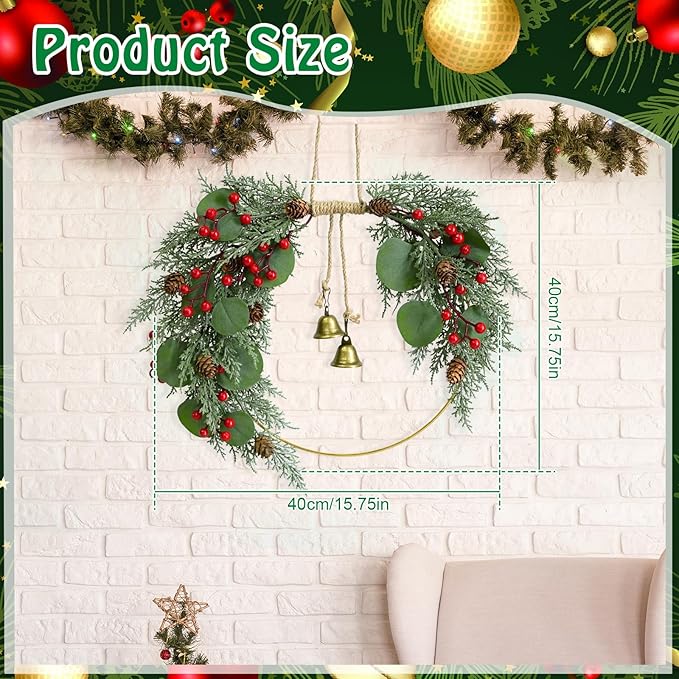Christmas Wreath for Front Door Artificial Half Circle Wreaths with Bell Pine Cones Red Berries Eucalyptus Leaves Outdoor Wreath for Farmhouse Front Porch Window Christmas Decorations