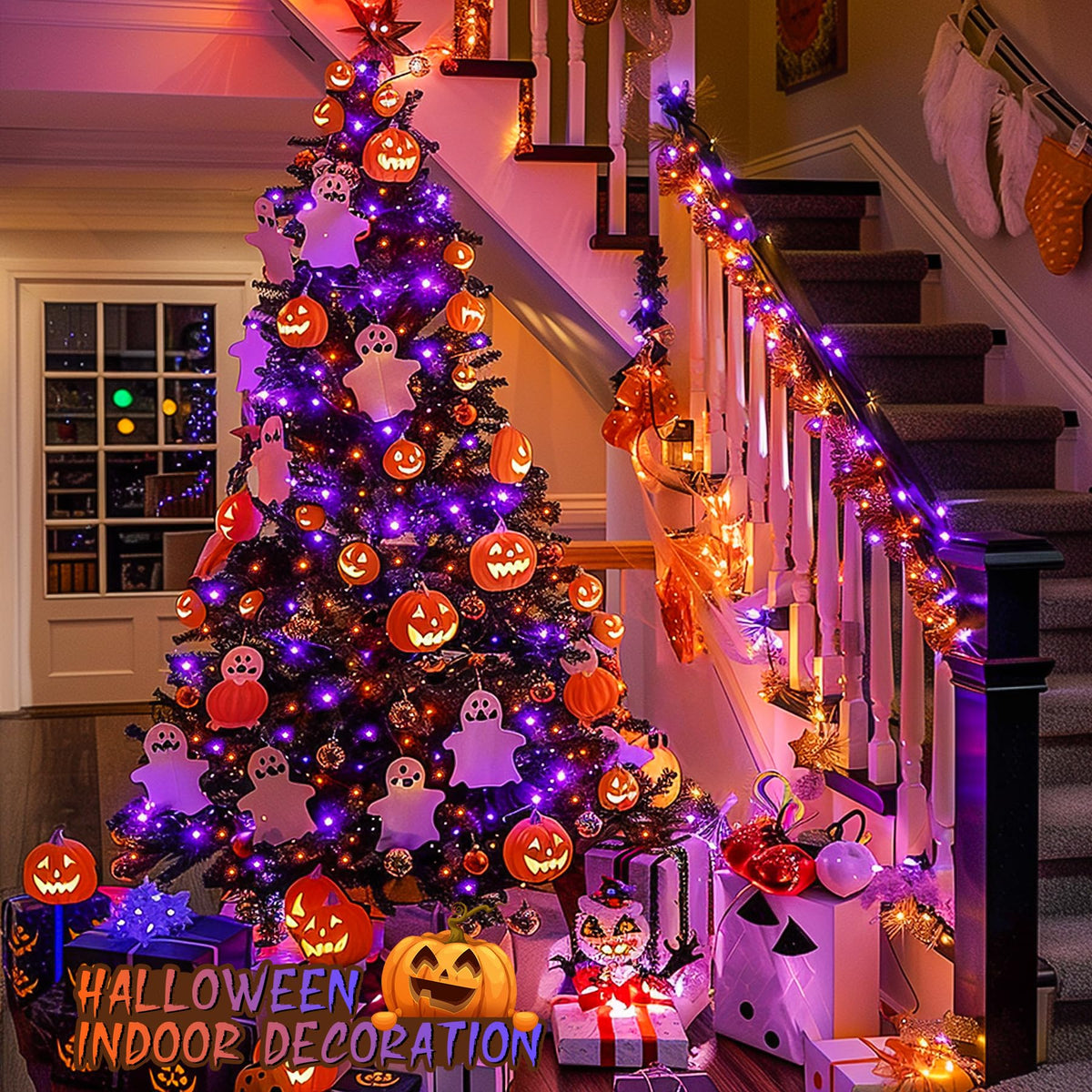 JMEXSUSS 600 LED Halloween String Lights Outdoor, Orange and Purple Halloween Lights Clear Wire, Twinkle String Lights Plug in for Tree Christmas Decorations