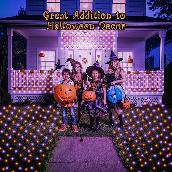HYH Halloween Net Lights,360 LED 12FT x 5FT Halloween Decor Fairy Orange&Purple with 8 Modes String Connectable Waterproof Outdoor Lights,Hanging Light for Indoor Party Yard Garden Bushes Decorations