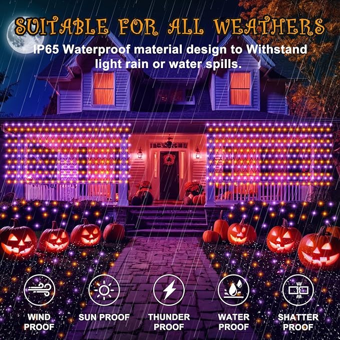 HYH Halloween Net Lights,360 LED 12FT x 5FT Halloween Decor Fairy Orange&Purple with 8 Modes String Connectable Waterproof Outdoor Lights,Hanging Light for Indoor Party Yard Garden Bushes Decorations