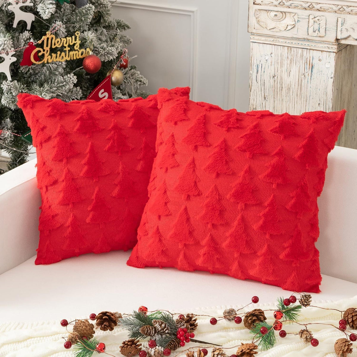 TBAVNOSY Christmas Tree Pillow Covers Set of 2 18x18 inches, 3D Xmas Tree Shaped Faux Fur Throw Pillow Covers for Couch, Sofa, Living Room Winter Holiday Decor, Farmhouse (Red)