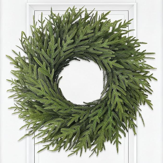 Christmas Wreaths 26" Norfolk Pine Wreath for Front Door, Artificial Christmas Wreaths Faux Green Fake Pine Needles Wreath for Front Door Wall Windows Indoor Outdoor Christmas Decor
