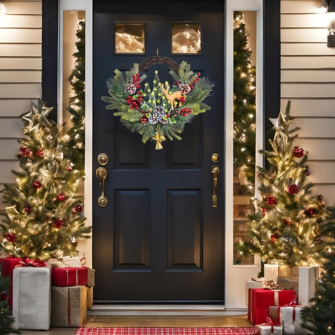 21" Pre-Lit Christmas Wreath for Front Door,Christmas Wreath Decorations with Golden Christmas Reindeer Jingle Bells Pine Cones,Christmas Door Wreath for Home Wall Window Indoor Outdoor Decor