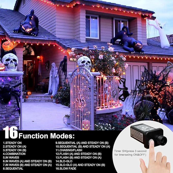 LAMPHOME 66ft Halloween Decorative Mini Lights, 200 LED Transparent Wire Fairy Starry String Lights Plug in, 11 Lighting Modes, for Halloween Decoration Outdoor Xmas Tree Party Decoration (Orange)