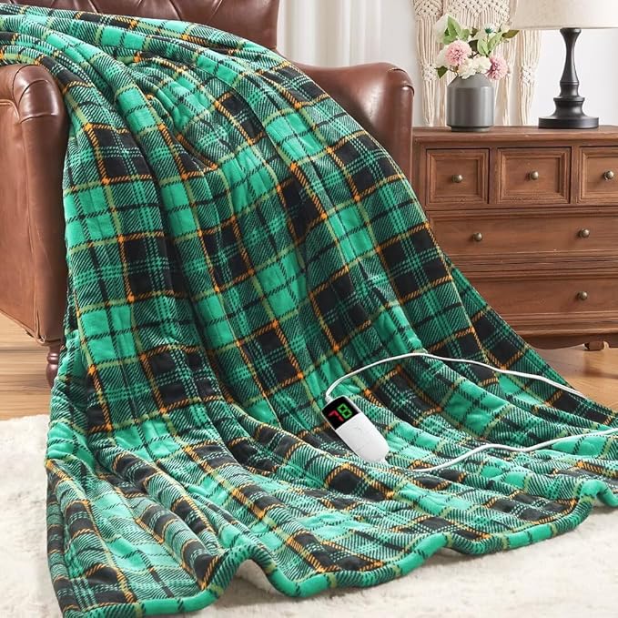 Green Heated Blanket Electric Twin Size 62X84, Christmas Heating Blanket, Plaid Sherpa Winter Blankets Warmer, 10 Heating Levels & 8-Hour Auto Off, Fast Heated House Warming Gifts New Home Decor