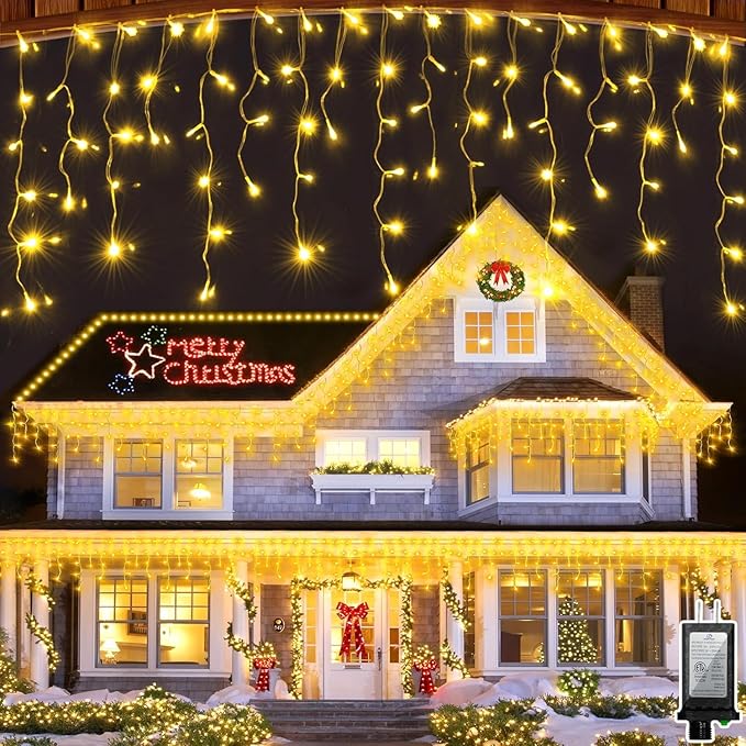 1296 LED 131FT Christmas Lights 288 Drops, Outdoor Hanging light with 8 Modes & Timer, Plug in Curtain String Light Outdoor Waterproof for House Tree Holiday Wedding Party Outside Decor (Warm White)