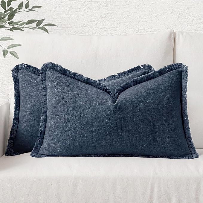 MIULEE Christmas Decorative Throw Pillow Covers Neutral Linen Fringe Throw Pillows Set of 2 Indigo Blue Boho Farmhouse Cushion Covers Coastal Decor for Couch Sofa Bed Living Room Decor 12x20 Inch