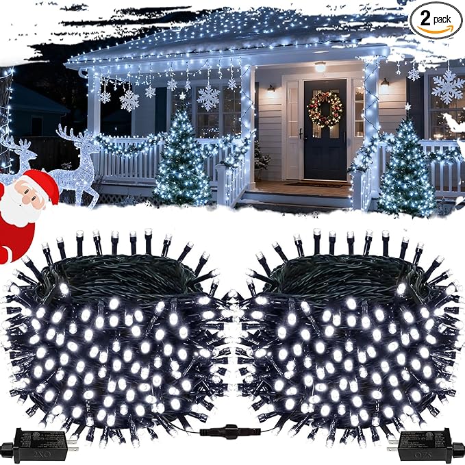 2-Pack Connectable Christmas Lights Outdoor, Total 164FT 400LED Christmas String Lights Waterproof with 8 Modes & Timer, Green Wire Twinkle Lights for Xmas Tree Decorations Outdoor Indoor, Cool White