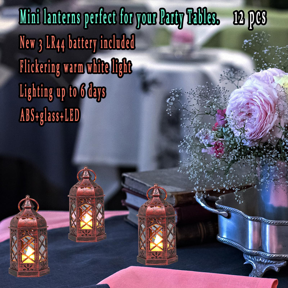 12PCS Mini Lantern with Flicker LED Candle for Halloween Decorations, Small Lanterns Decorative, Vintage Hanging Moroccan Lantern for Wedding Halloween Christmas Decor, Table Centerpiece, Rose Gold