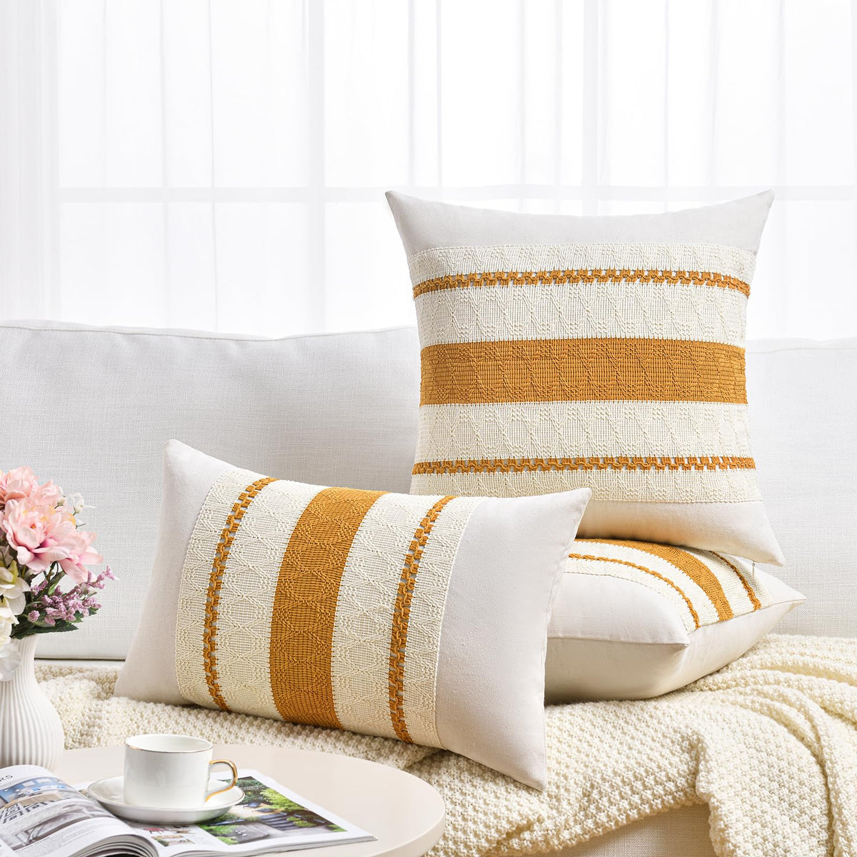 Fancy Homi Set of 2 Mustard Yellow Fall Decorative Throw Pillow Cover 18x18 Inch for Couch Bed Sofa, Autumn Halloween Thanksgiving Home Decor, Soft Cotton Aesthetic Cushion Case