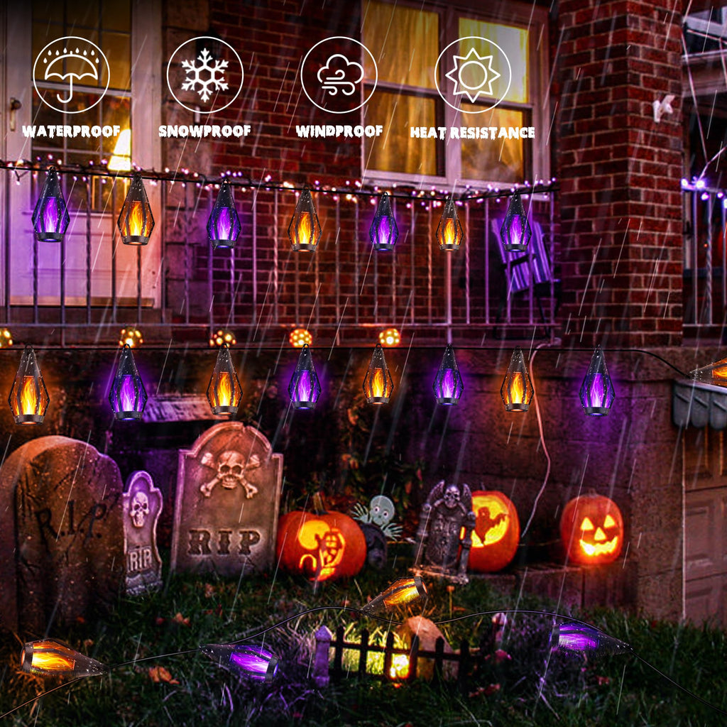 iBaycon Solar Halloween Lights, 42Ft 15 LED Bulbs Flickering Flame String Light, Outdoor Waterproof Solar Flame Lights for Garden Yard Patio Halloween Decorations (Warm White + Purple)