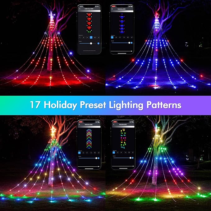 Outdoor Christmas Decorations, 16.4FT RGB Color Changing Christmas Hanging Waterfall String Lights with Star, APP Remote Control, DIY Multi-Color Lightshow, Music Sync, Xmas New Year Decor