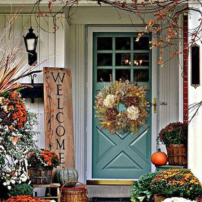 WANNA-CUL 24 Inch Fall Wreaths for Front Door with Hydrangea,Little Pumpkins-Fall Decorations for Home,Fall Door Wreath Decor for Autumn,Harvest, Halloween or Thanksgiving