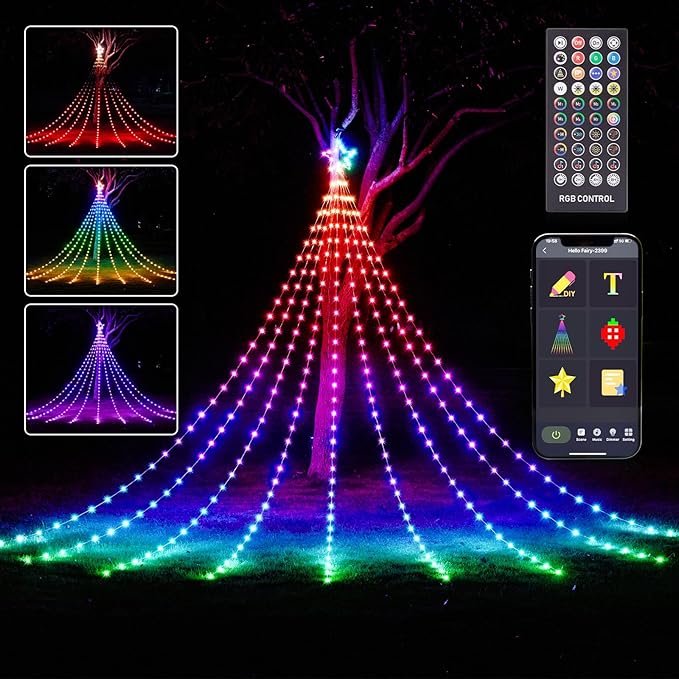 Outdoor Christmas Decorations, 16.4FT RGB Color Changing Christmas Hanging Waterfall String Lights with Star, APP Remote Control, DIY Multi-Color Lightshow, Music Sync, Xmas New Year Decor