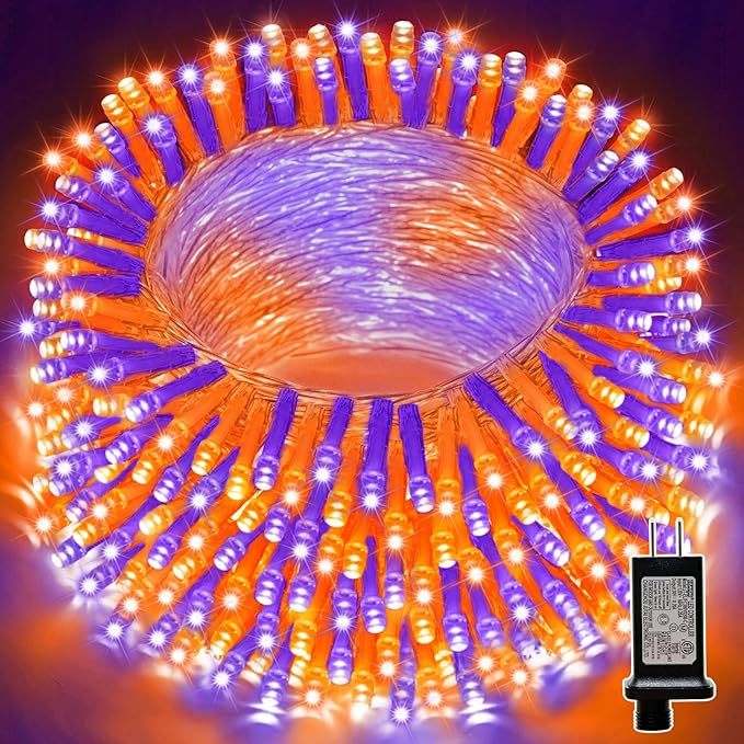 LAMPHOME 33ft Halloween Decorative Mini Lights, 100 LED Transparent Wire Fairy Starry String Lights Plug in, 12 Lighting Modes, for Halloween Decoration Outdoor Party Decoration (Orange and Purple)