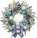 24" Christmas Wreath for Front Door Artificial Unlit Winter Wreath with Pine Cones, Berry Clusters, Blue Ball Ornaments and Ribbon for Thanksgiving Holiday Christmas Decoration