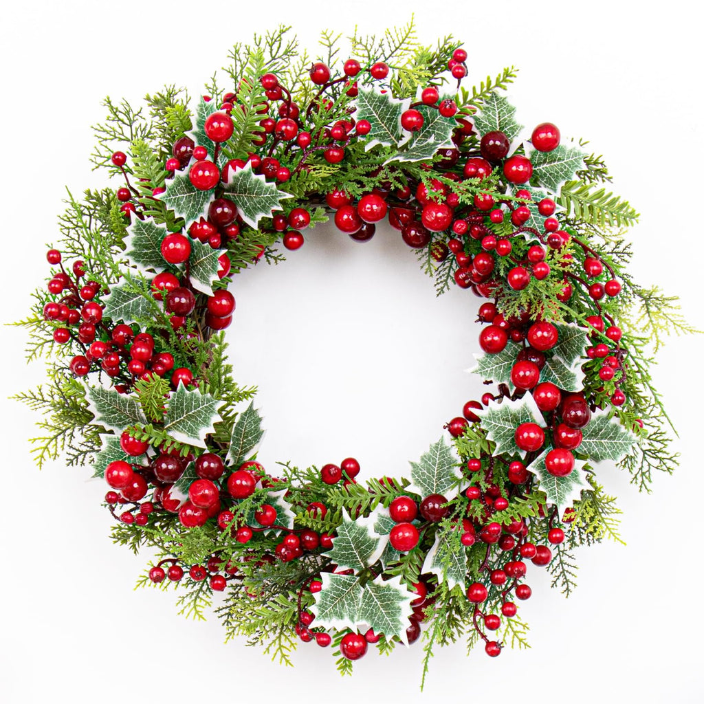 LLZLL Christmas Wreath for Front Door 20 Inch Indoor Christmas Wreaths Artificial Red Berry Wreath with Norfolk Pine and Holly Leaf for Holiday Celebrations