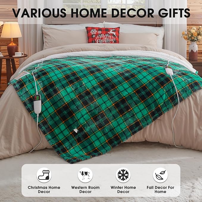 Heated Electric Blanket Queen Size, 84X90 Christmas Blanket With Dual Control&10 Heats Levels&Timer For Bed,Green Plaid Sherpa Heating Blankets Queen Warmer Gift for Grandma Women Adults, Washable