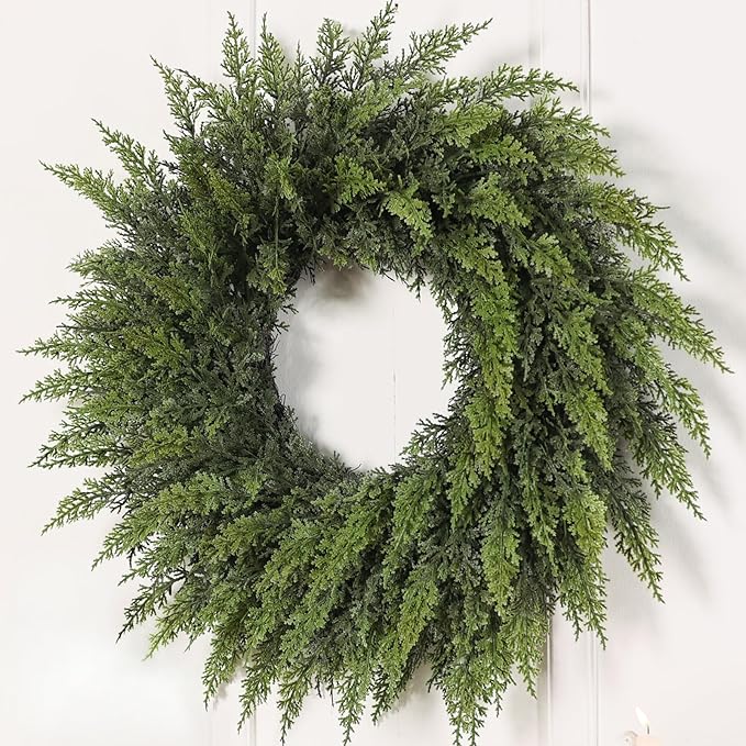 24" Real Touch Artificial Cedar Wreath - Faux Christmas Wreaths for Front Door,Faux Pine Green Wreath for Home, Holiday, Fireplace, Mantle,Wall, Windows, Xmas, Outdoor Decoration