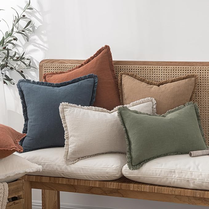 MIULEE Christmas Decorative Throw Pillow Covers Neutral Linen Fringe Throw Pillows Set of 2 Natural Beige Boho Farmhouse Cushion Covers with Tassels for Couch Sofa Bed Living Room Decor 16x16 Inch