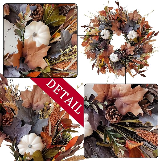 WANNA-CUL 24 Inch Fall Wreath for Front Door with White Pumpkins,Grains, Maple Leaves-Fall Decoration for Home-Large Fall Decor Door Wreath for Autumn,Harvest or Halloween