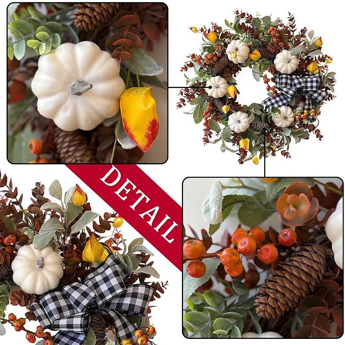 WANNA-CUL 24 inch Large Farmhouse Fall Wreath Decor for Front Door with White Pumpkin,Cotton,Lamb's Ear and Eucalyptus Leaves,Harvest Door Wreath for Autumn or Thanksgiving Decorations