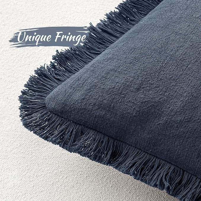 MIULEE Christmas Decorative Throw Pillow Covers Neutral Linen Fringe Throw Pillows Set of 2 Indigo Blue Boho Farmhouse Cushion Covers Coastal Decor for Couch Sofa Bed Living Room Decor 12x20 Inch